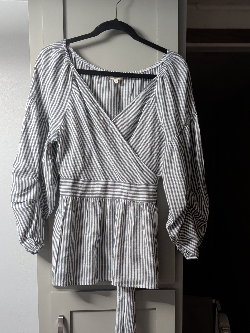 entro Gray and White Striped Wrap Peplum Tunic